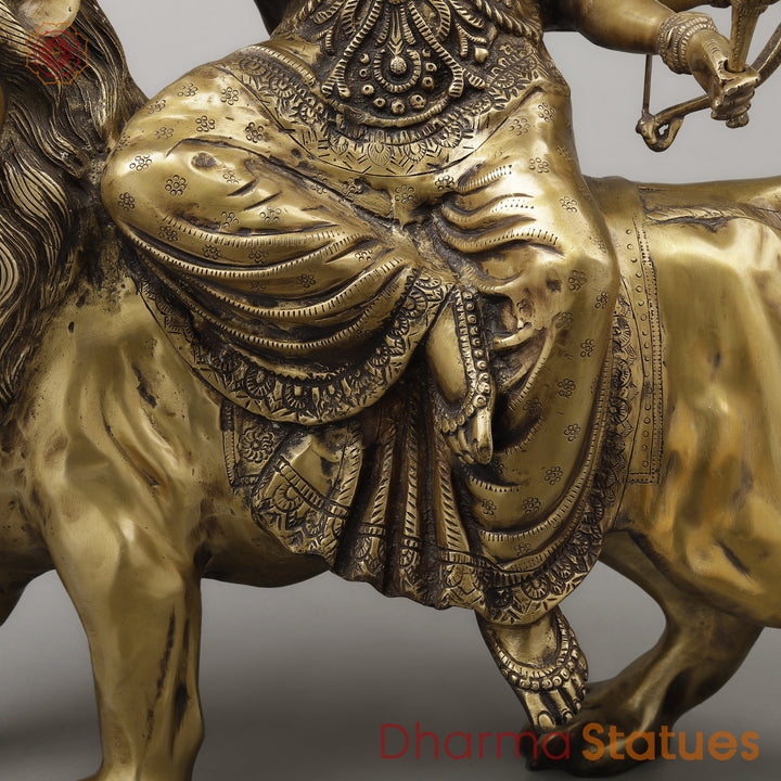 Brass Durga with 8 Arms Seated on Lion, Dark Golden Finish, 26.5"