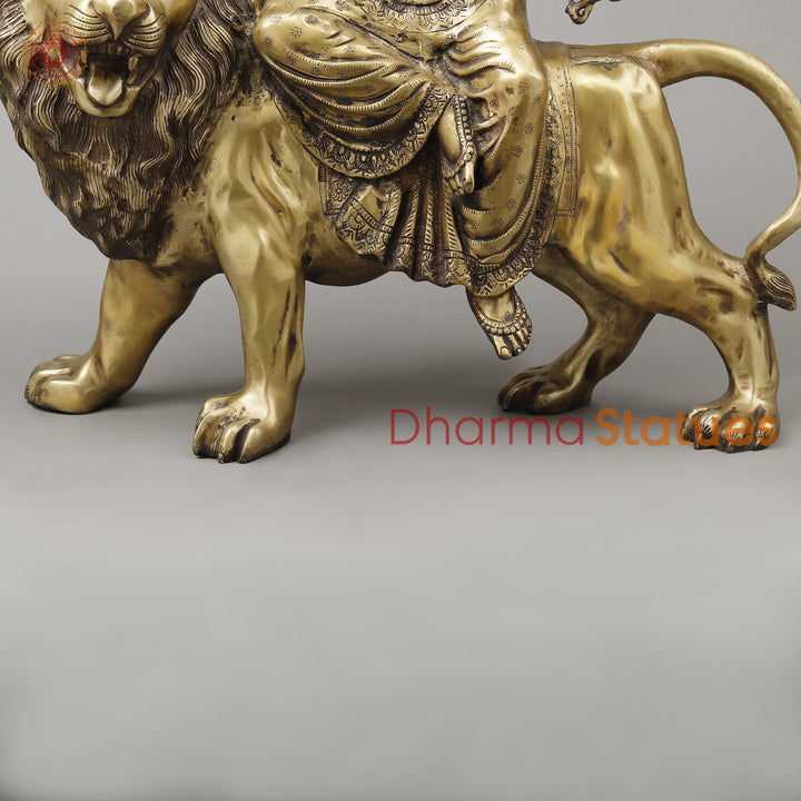 Brass Durga with 8 Arms Seated on Lion, Dark Golden Finish, 26.5"