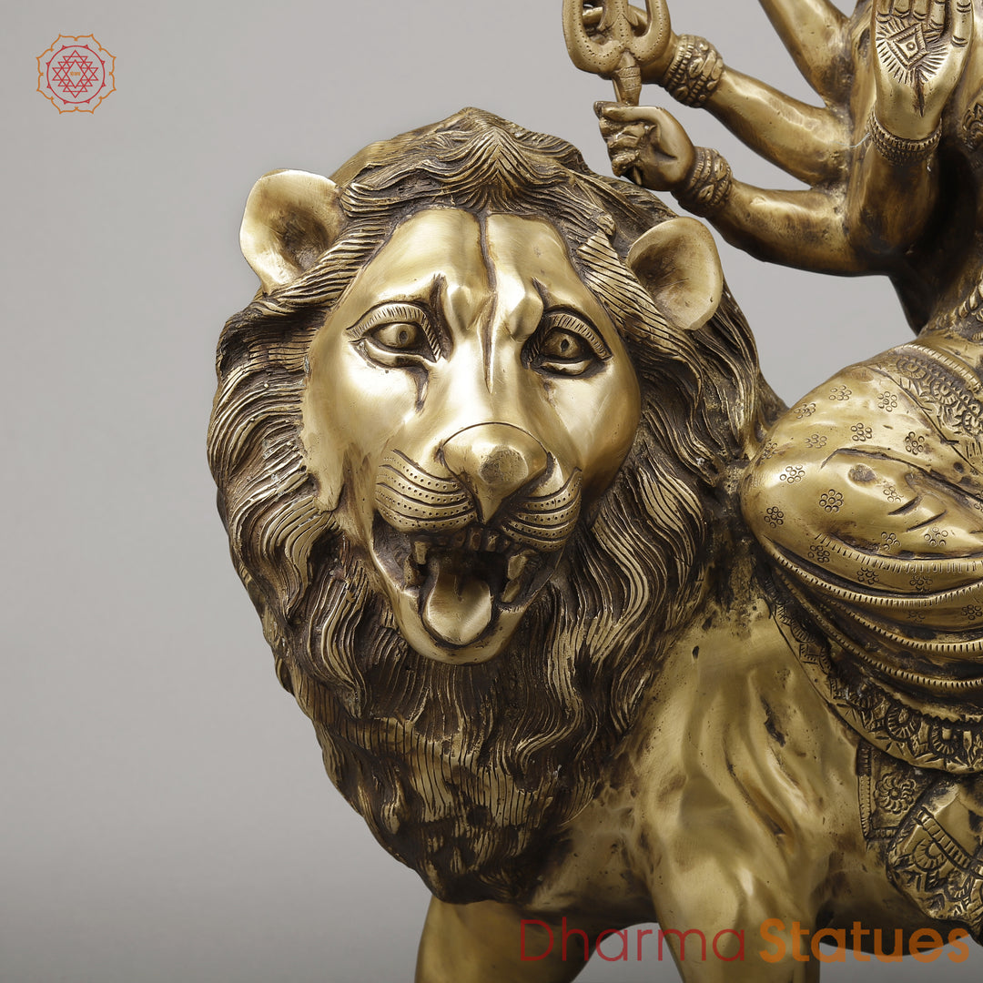 Brass Durga with 8 Arms Seated on Lion, Dark Golden Finish, 26.5"