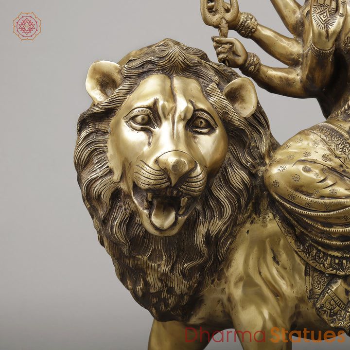 Brass Durga with 8 Arms Seated on Lion, Dark Golden Finish, 26.5"