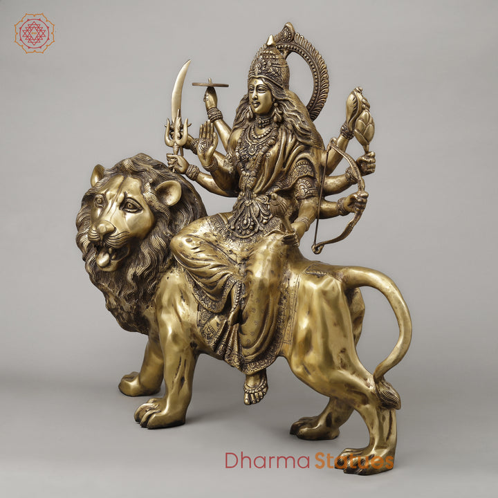 Brass Durga with 8 Arms Seated on Lion, Dark Golden Finish, 26.5"