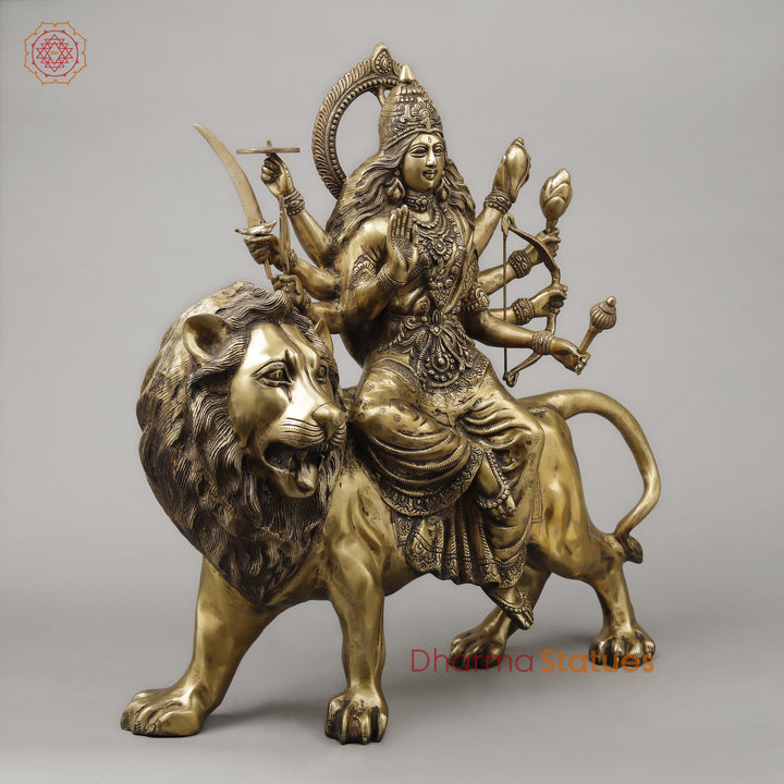 Brass Durga with 8 Arms Seated on Lion, Dark Golden Finish, 26.5"