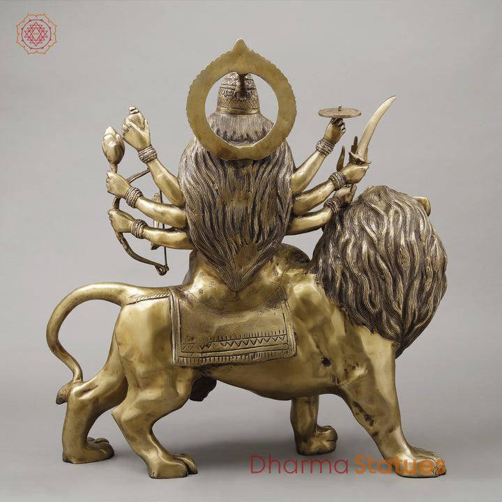 Brass Durga with 8 Arms Seated on Lion, Dark Golden Finish, 26.5"