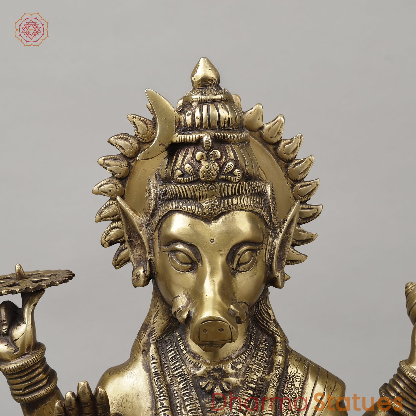 Brass Varahi With 8 Arms Seated on Lion, Dark Golden Finish, 20"