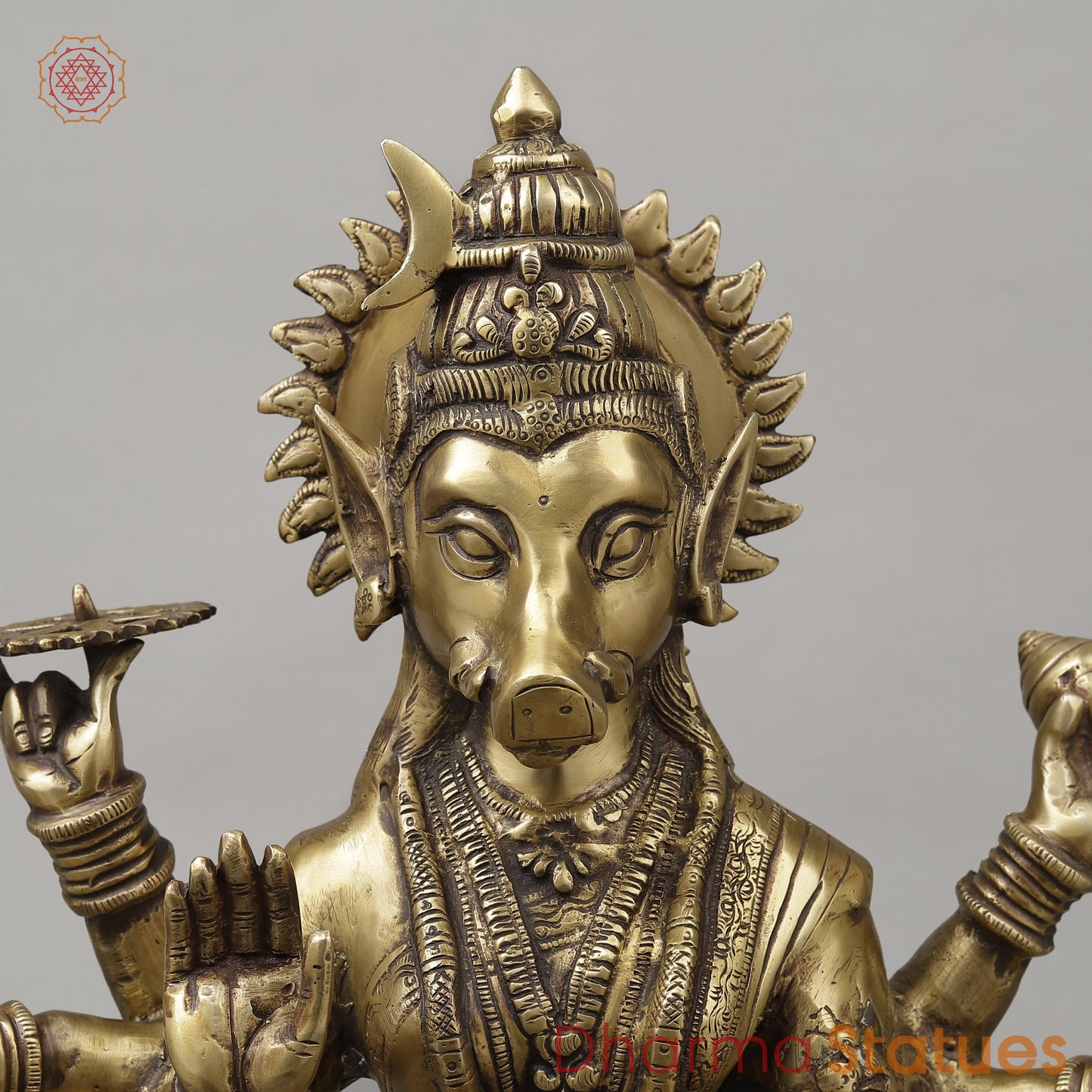 Brass Varahi With 8 Arms Seated on Lion, Dark Golden Finish, 20"