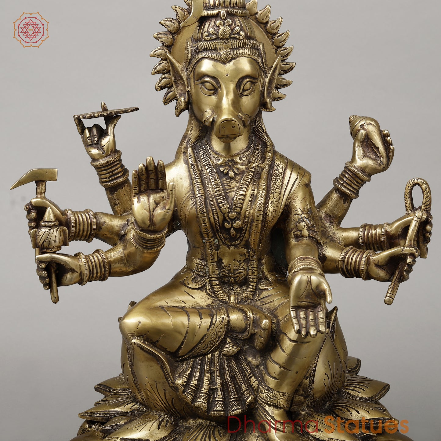 Brass Varahi With 8 Arms Seated on Lion, Dark Golden Finish, 20"
