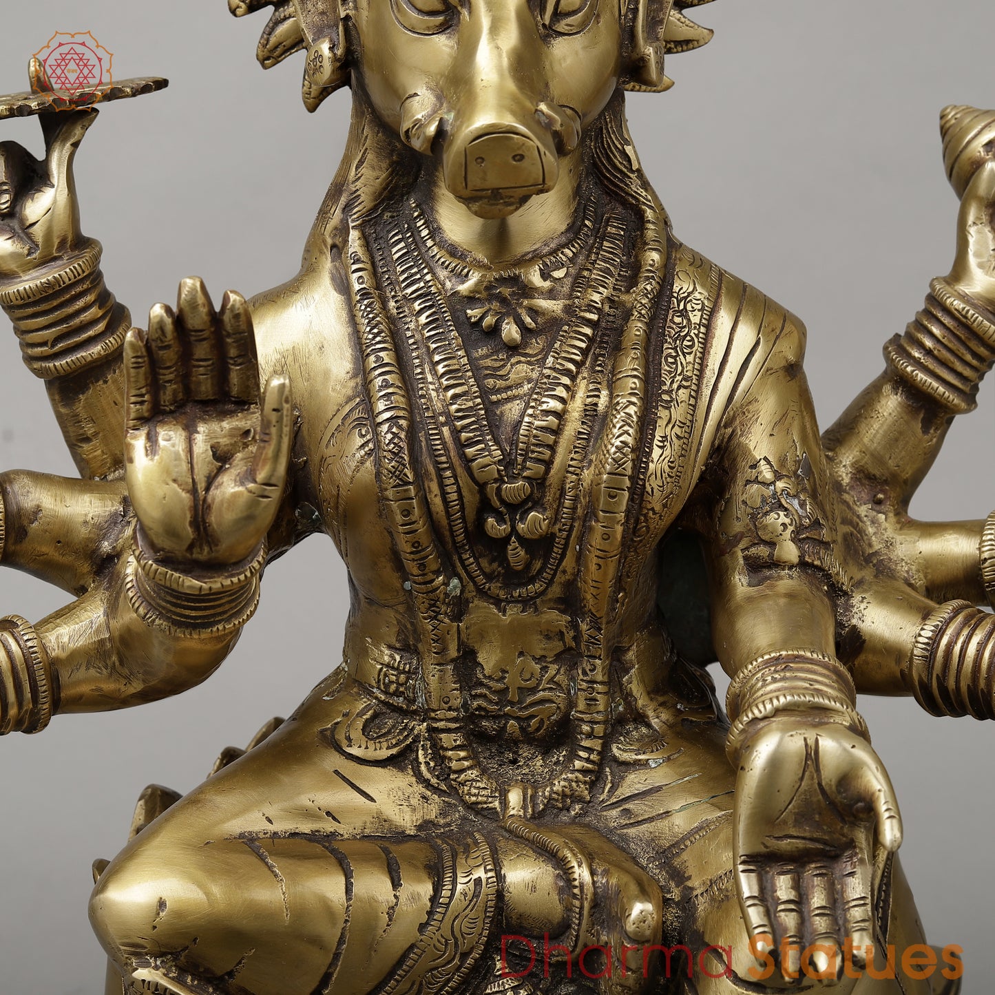 Brass Varahi With 8 Arms Seated on Lion, Dark Golden Finish, 20"