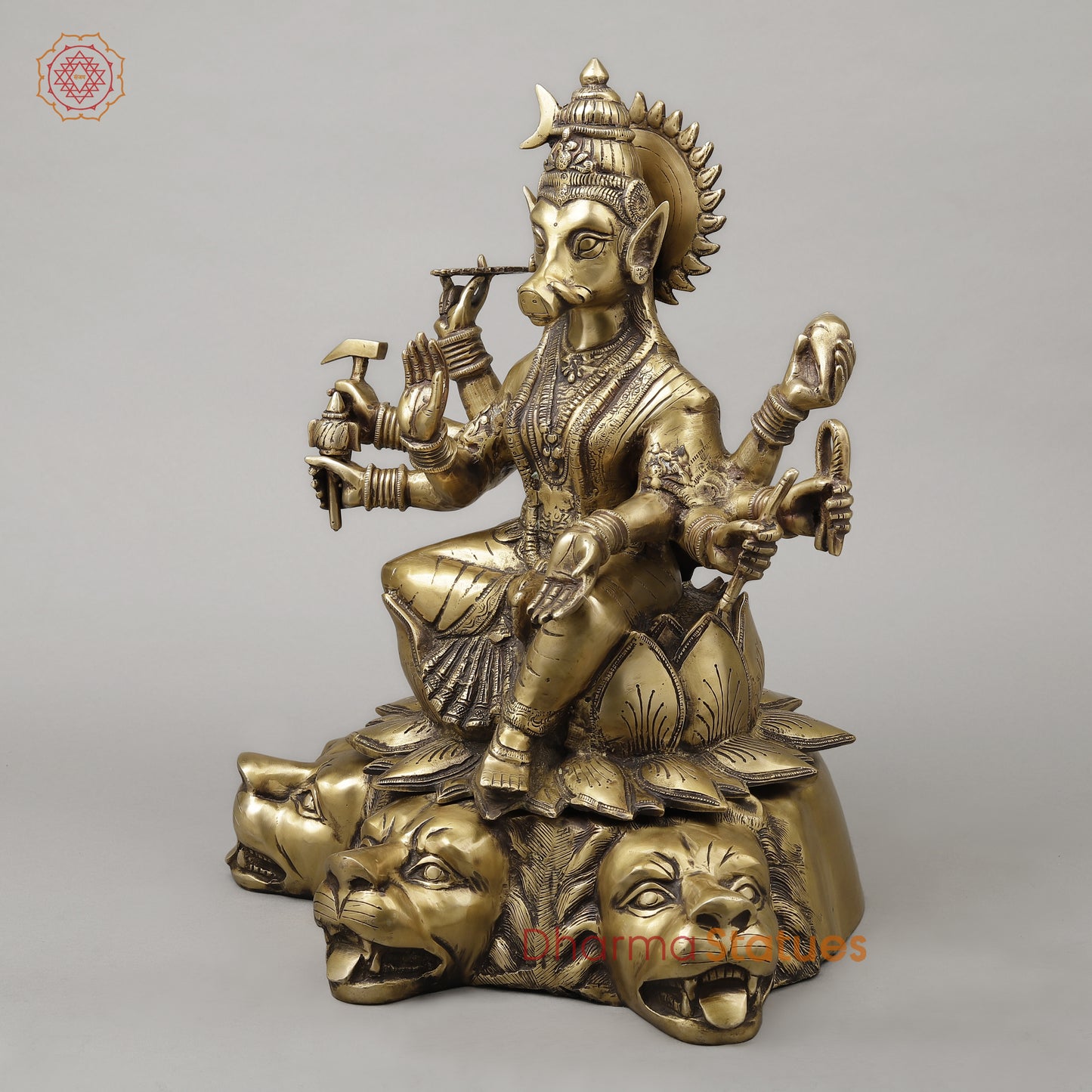 Brass Varahi With 8 Arms Seated on Lion, Dark Golden Finish, 20"