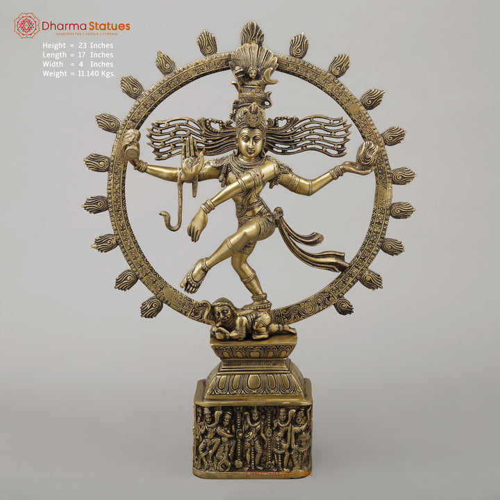 Brass Nataraj With Shiva & Parwati Postures On Base, Antique Golden Finish, 23"