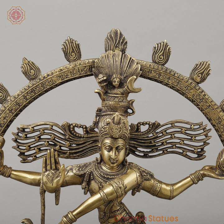 Brass Nataraj With Shiva & Parwati Postures On Base, Antique Golden Finish, 23"