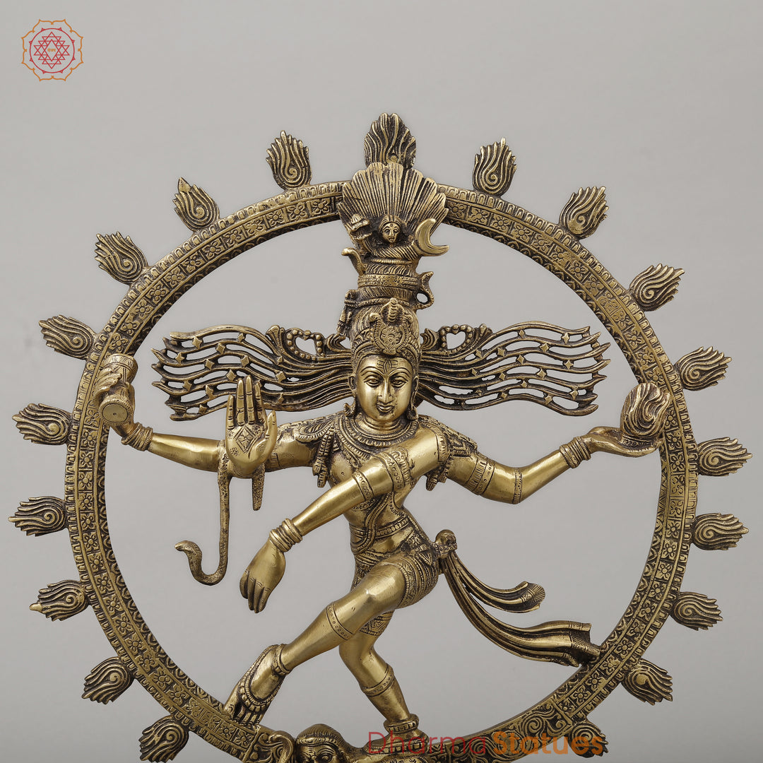 Brass Nataraj With Shiva & Parwati Postures On Base, Antique Golden Finish, 23"