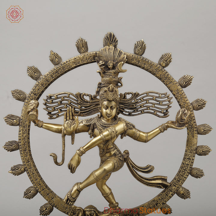 Brass Nataraj With Shiva & Parwati Postures On Base, Antique Golden Finish, 23"