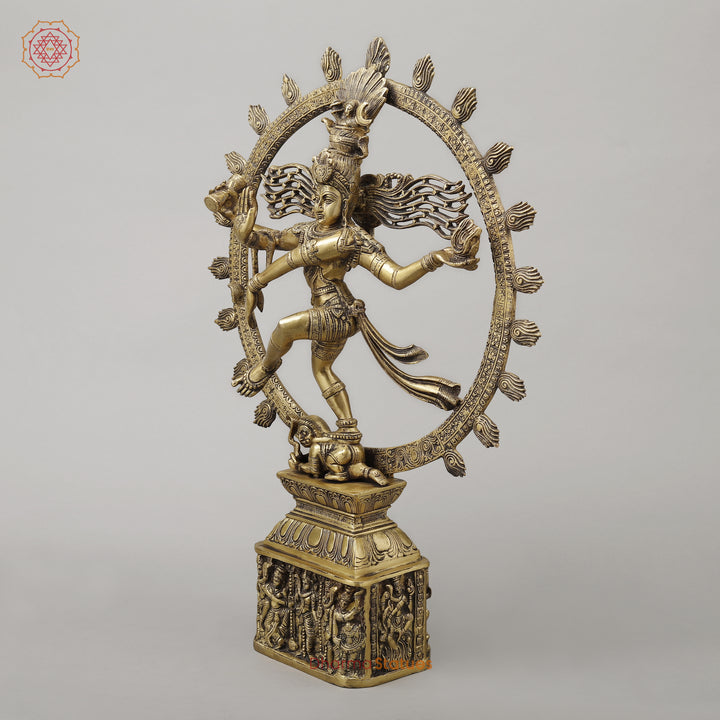 Brass Nataraj With Shiva & Parwati Postures On Base, Antique Golden Finish, 23"