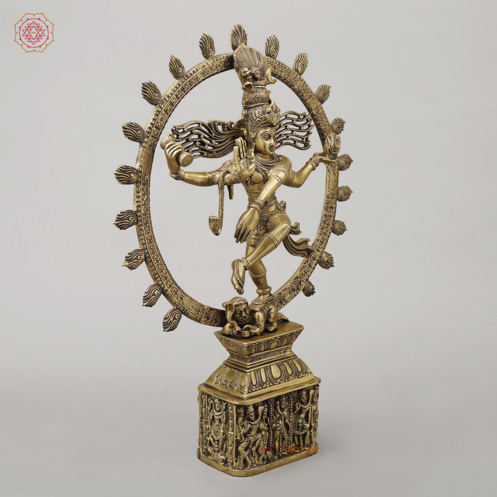 Brass Nataraj With Shiva & Parwati Postures On Base, Antique Golden Finish, 23"
