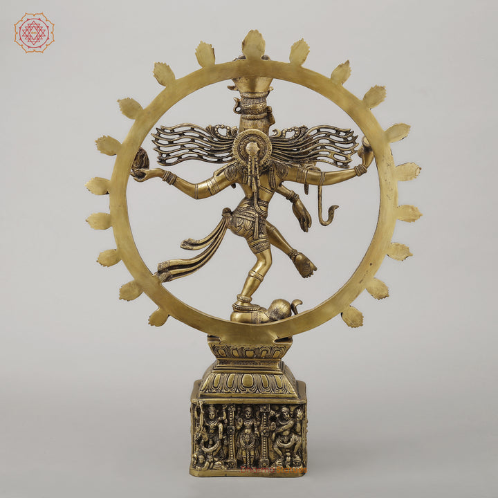 Brass Nataraj With Shiva & Parwati Postures On Base, Antique Golden Finish, 23"