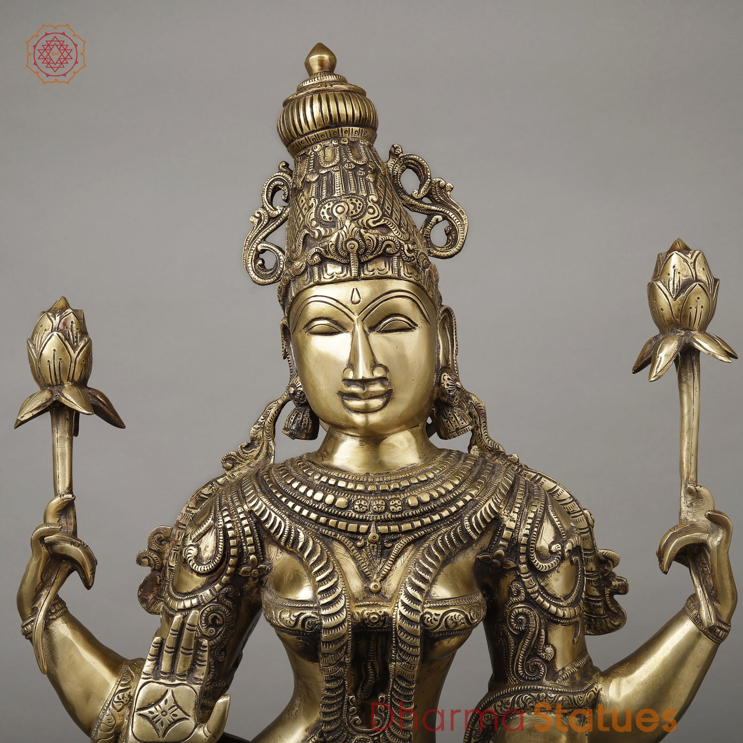 Brass Dhan Lakshmi Standing on Blooming Lotus, Fine Smooth Finish, 39.5"