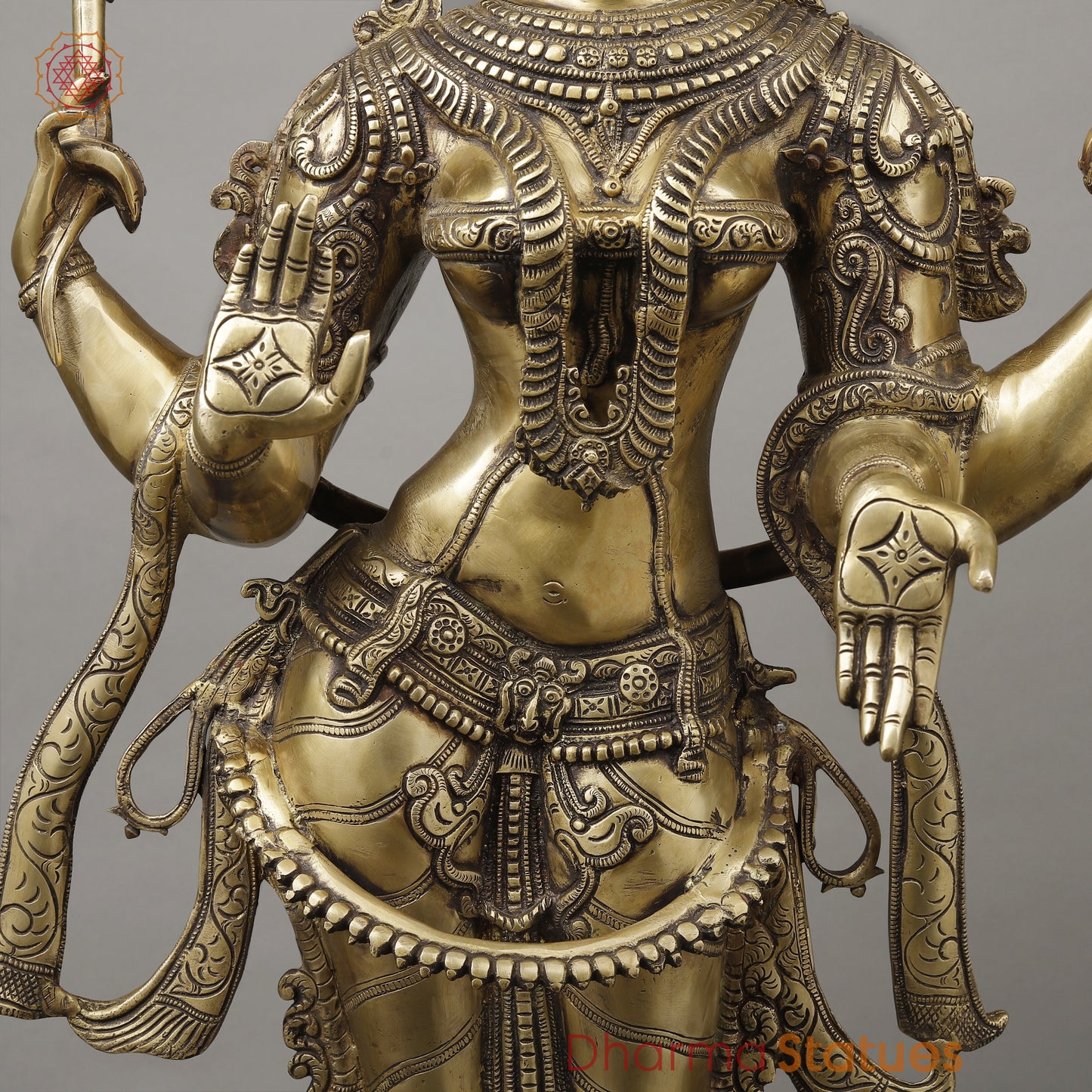 Brass Dhan Lakshmi Standing on Blooming Lotus, Fine Smooth Finish, 39.5"