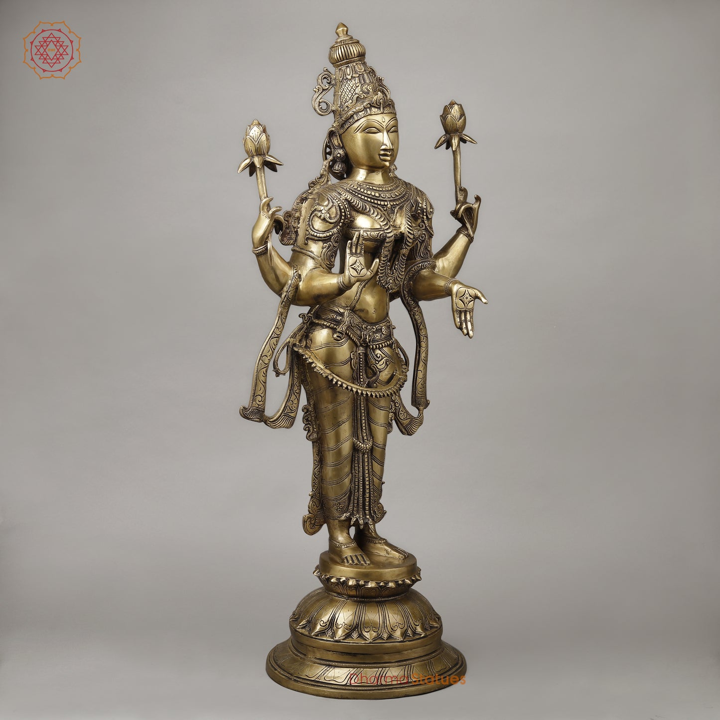 Brass Dhan Lakshmi Standing on Blooming Lotus, Fine Smooth Finish, 39.5"