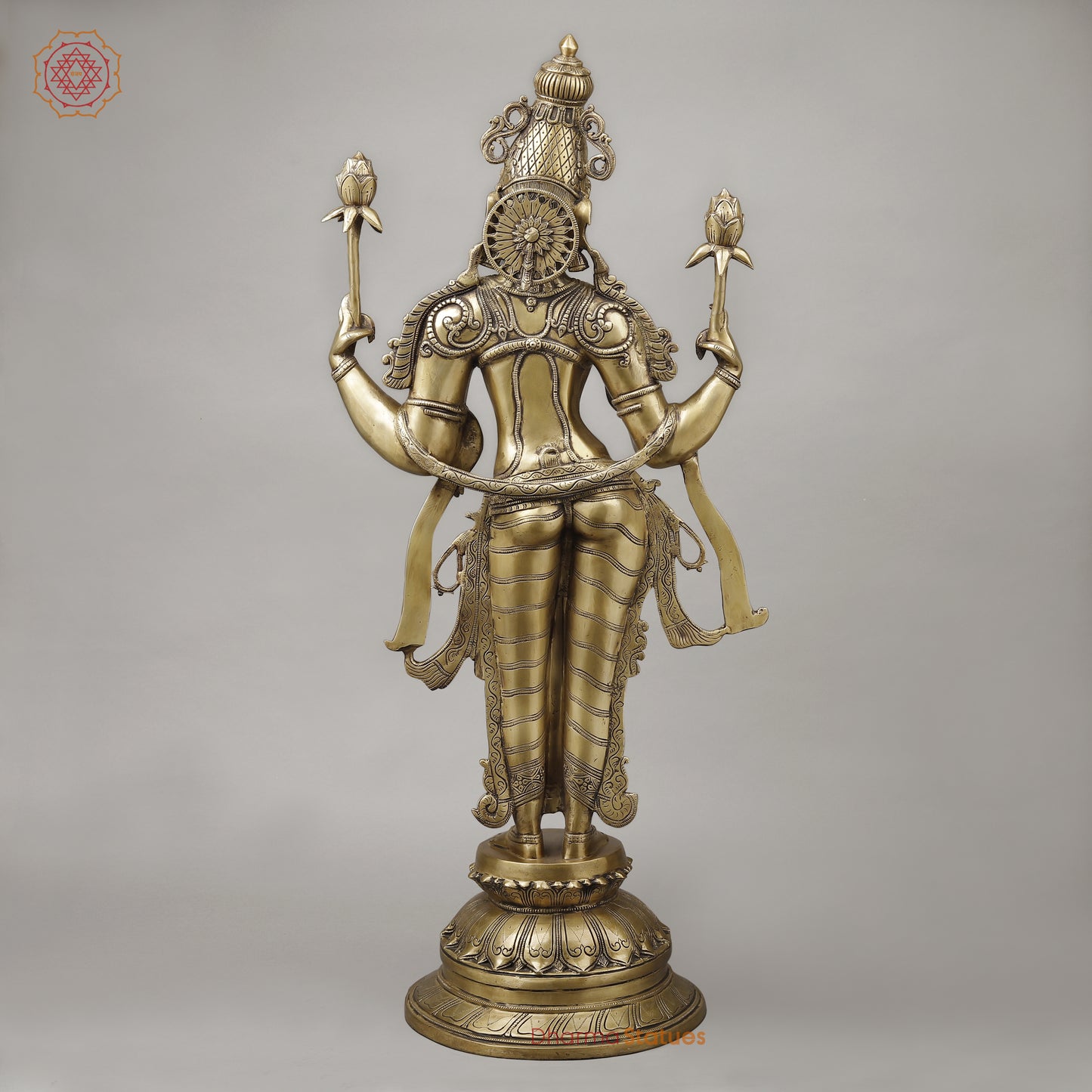 Brass Dhan Lakshmi Standing on Blooming Lotus, Fine Smooth Finish, 39.5"