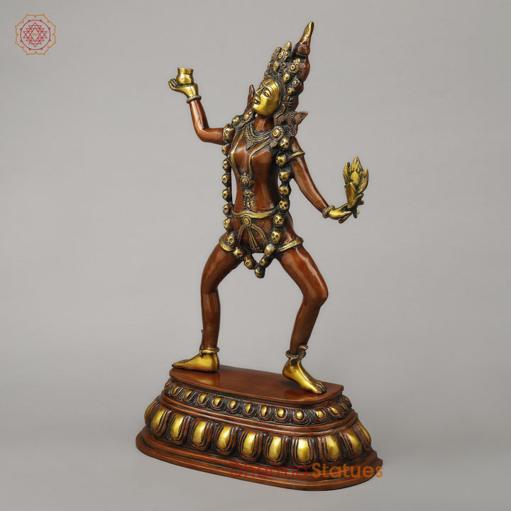 Brass Kaali Standing Wearing a Crown & Garland of Skulls, Copper & Golden Finish, 22.5"