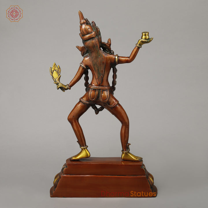 Brass Kaali Standing Wearing a Crown & Garland of Skulls, Copper & Golden Finish, 22.5"