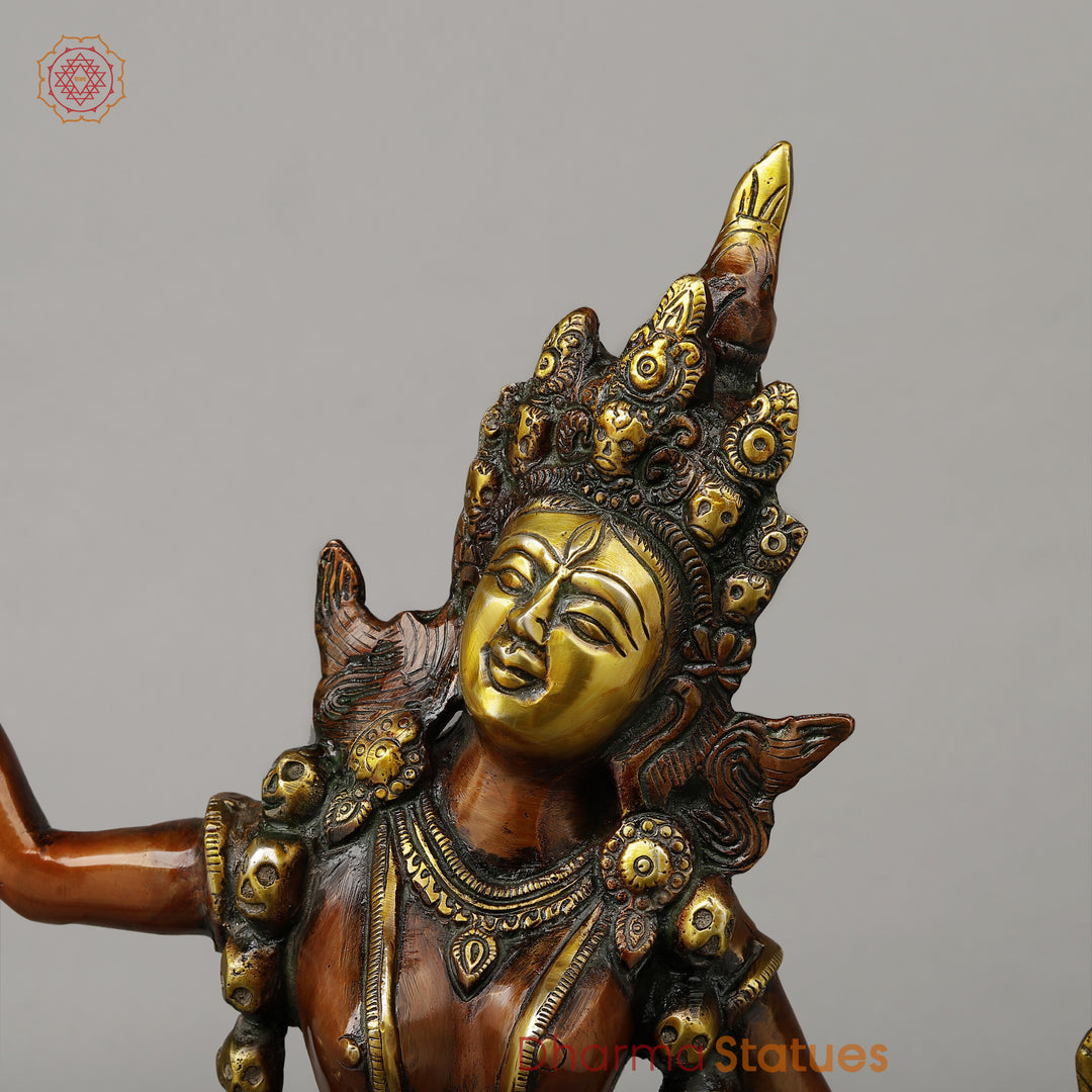 Brass Kaali Standing Wearing a Crown & Garland of Skulls, Copper & Golden Finish, 22.5"