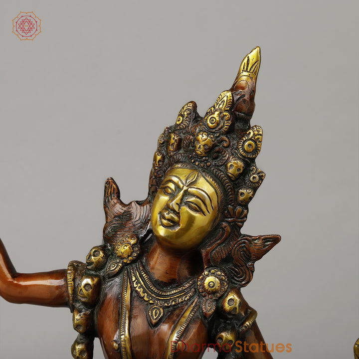 Brass Kaali Standing Wearing a Crown & Garland of Skulls, Copper & Golden Finish, 22.5"