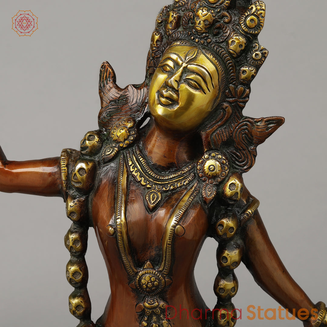 Brass Kaali Standing Wearing a Crown & Garland of Skulls, Copper & Golden Finish, 22.5"