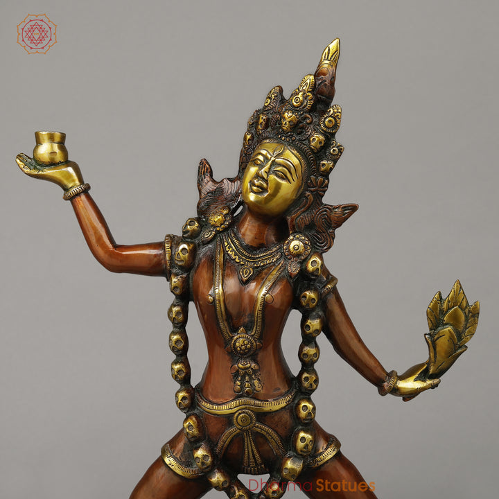 Brass Kaali Standing Wearing a Crown & Garland of Skulls, Copper & Golden Finish, 22.5"