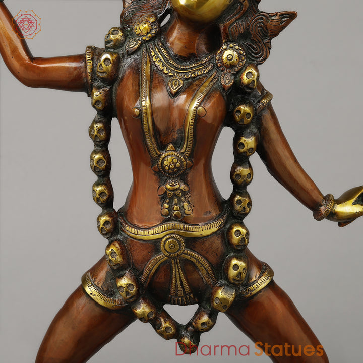 Brass Kaali Standing Wearing a Crown & Garland of Skulls, Copper & Golden Finish, 22.5"