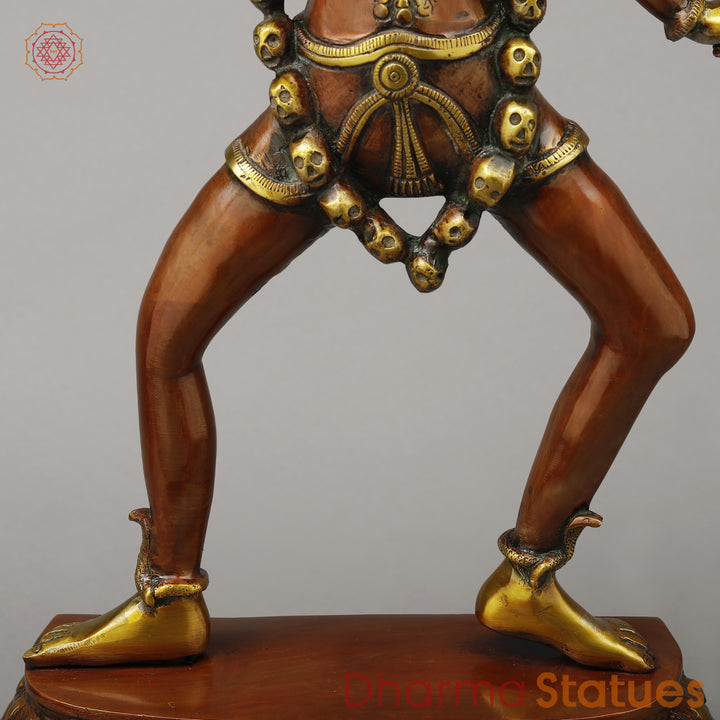 Brass Kaali Standing Wearing a Crown & Garland of Skulls, Copper & Golden Finish, 22.5"