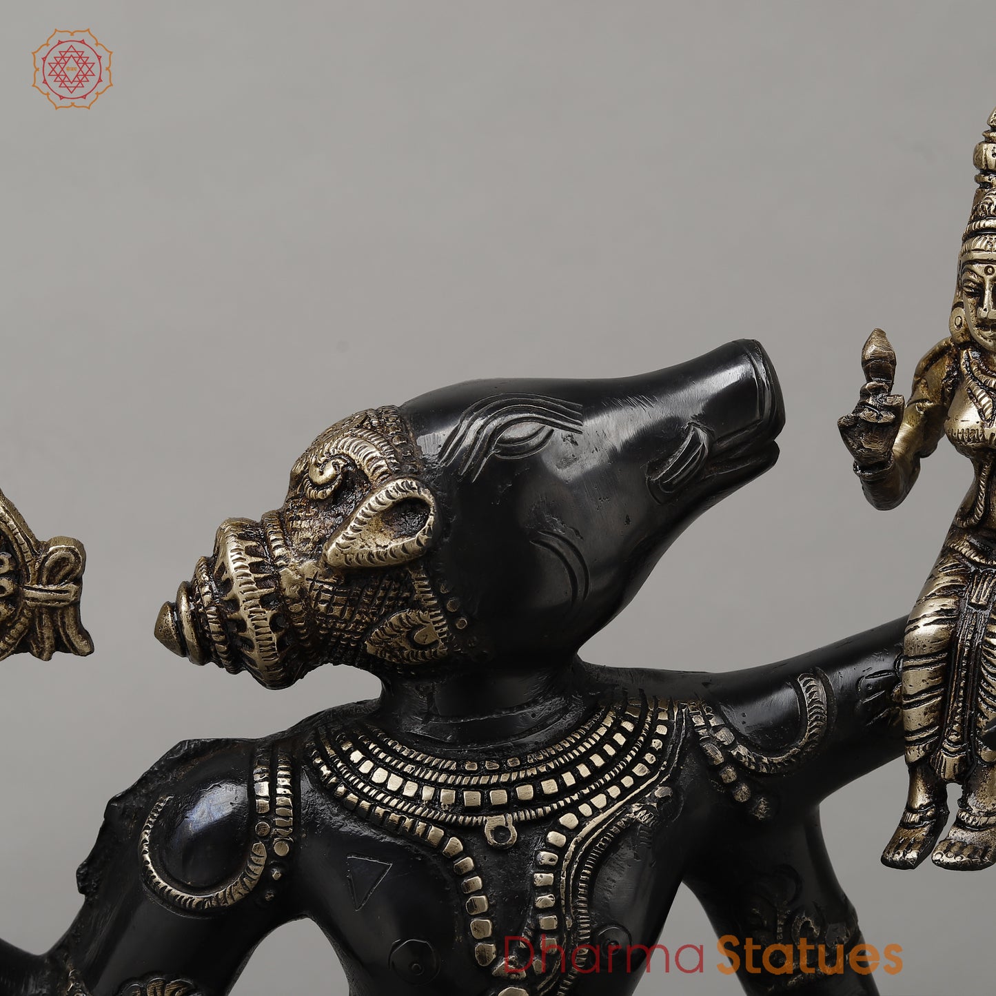 Brass Varaha with Lord Vishnu, Black Patina & Golden Finish, 18"