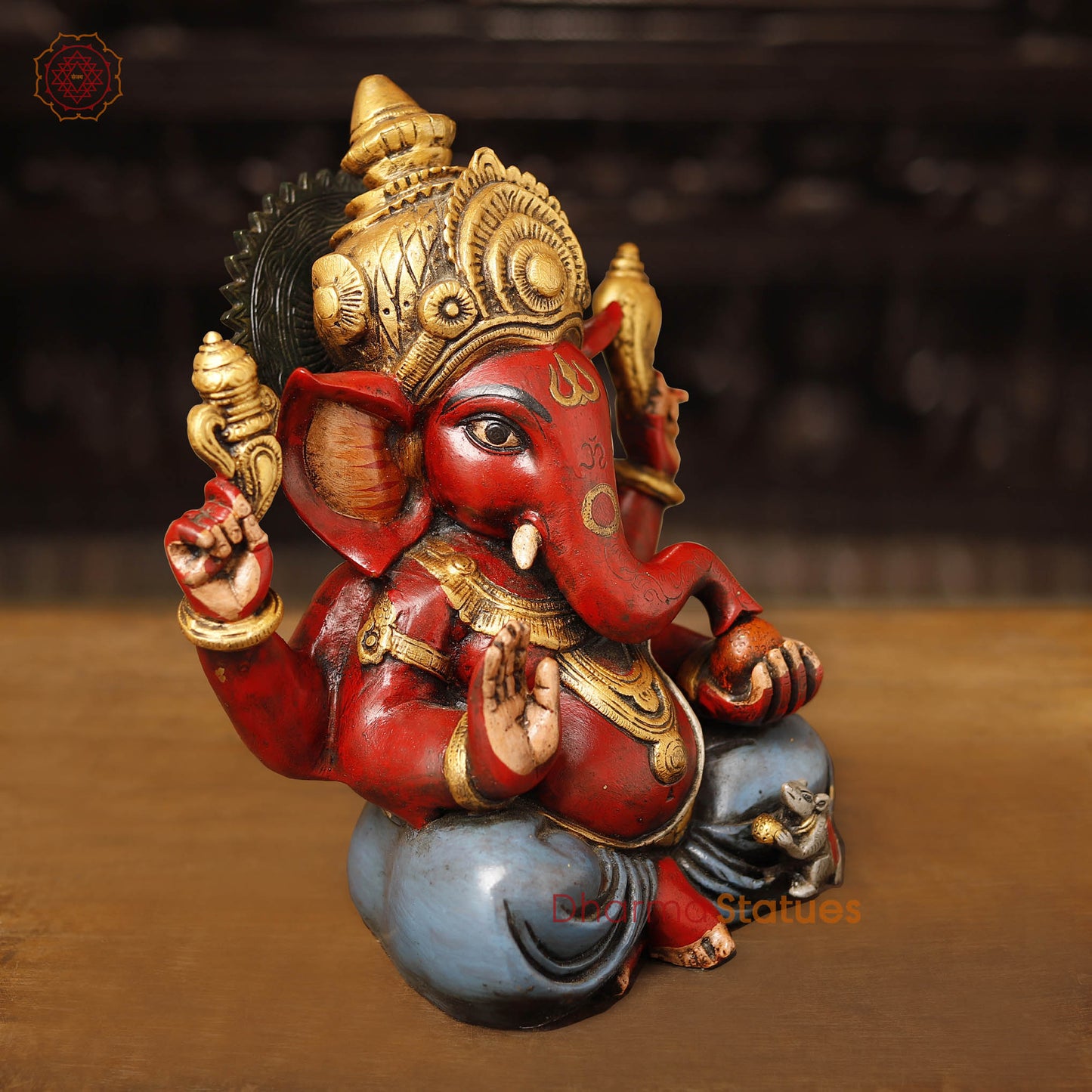 Brass Ganesha Idol, seated, Hand Painted, 12"