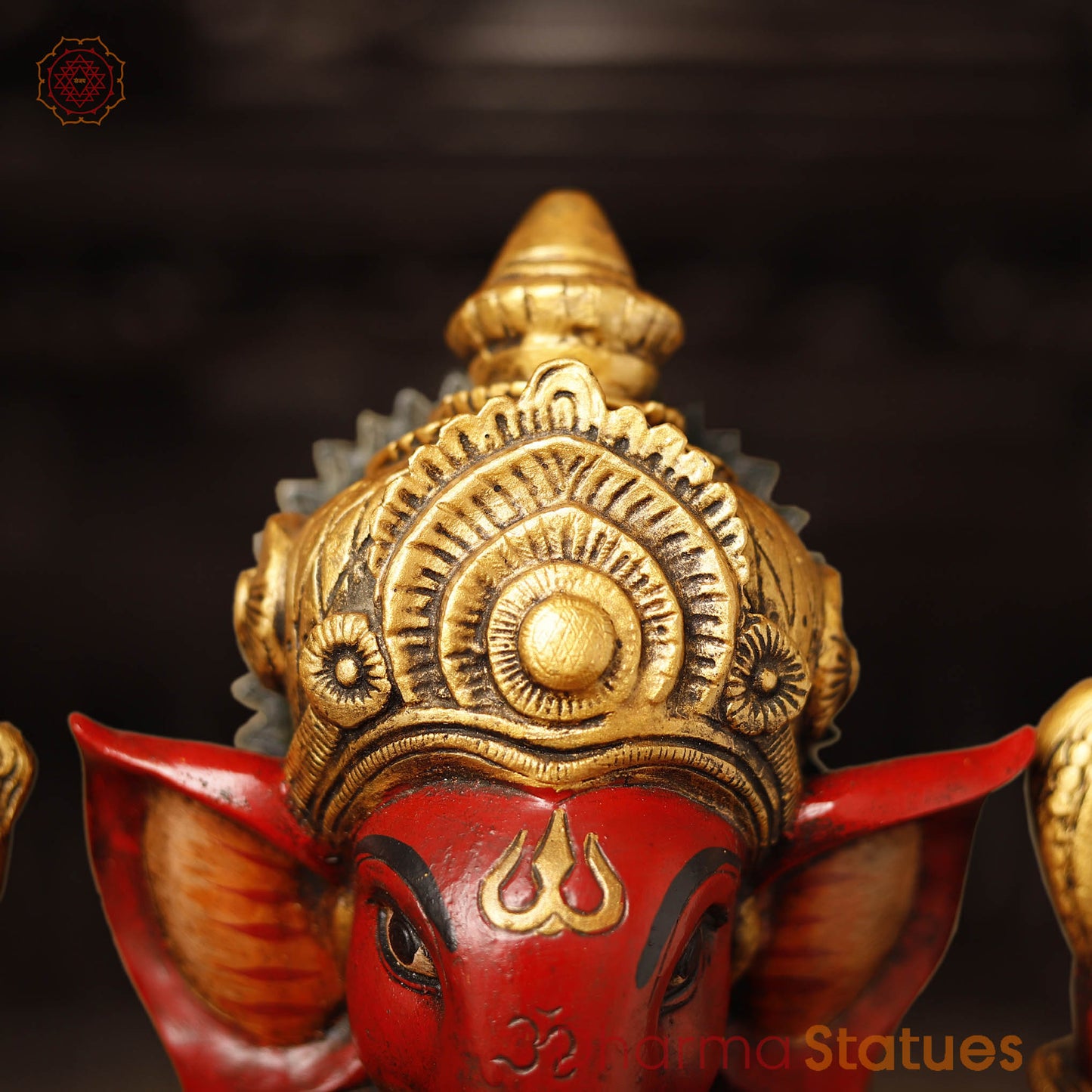 Brass Ganesha Idol, seated, Hand Painted, 12"