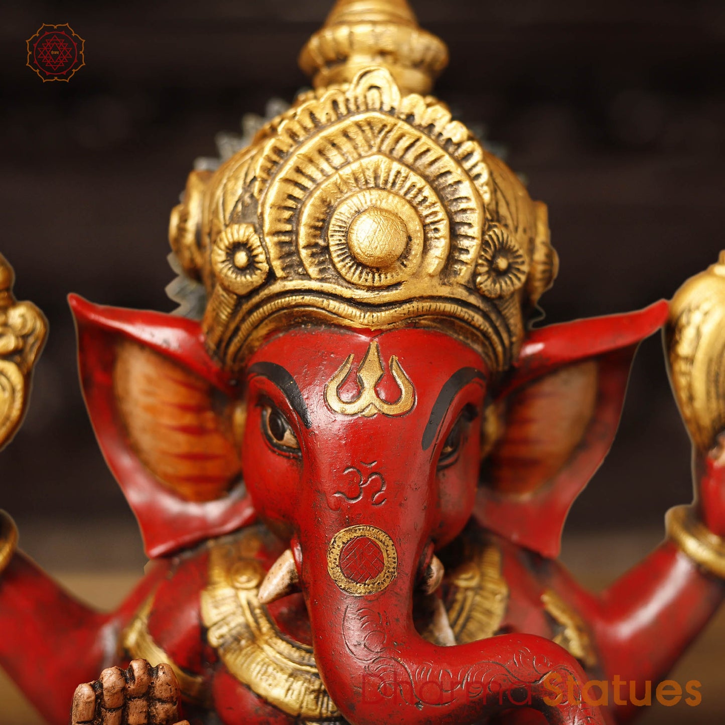 Brass Ganesha Idol, seated, Hand Painted, 12"