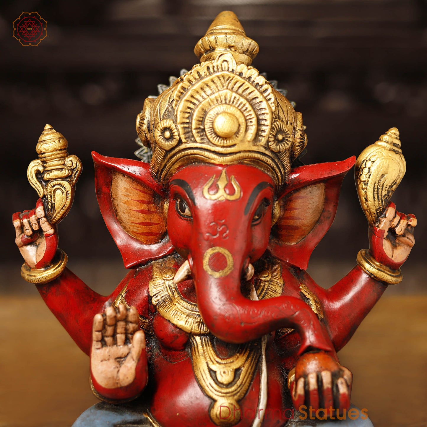 Brass Ganesha Idol, seated, Hand Painted, 12"