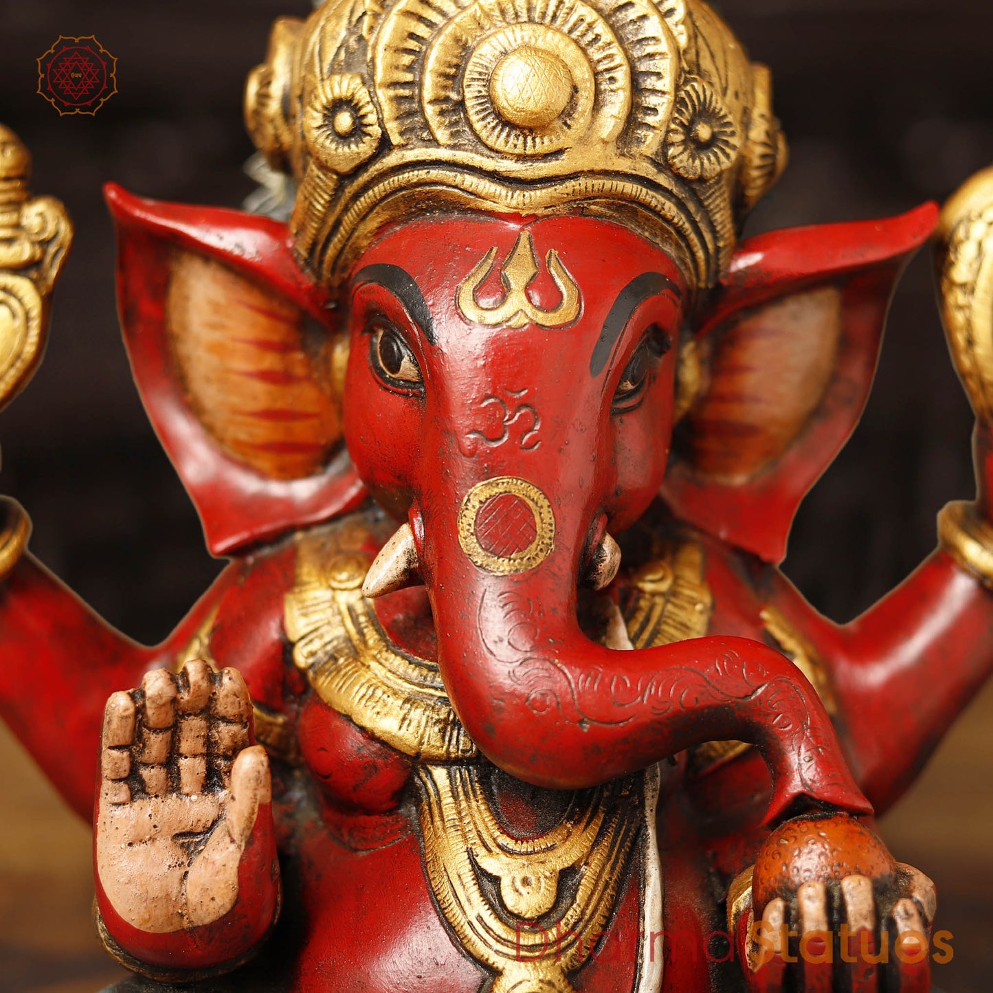 Brass Ganesha Idol, seated, Hand Painted, 12"