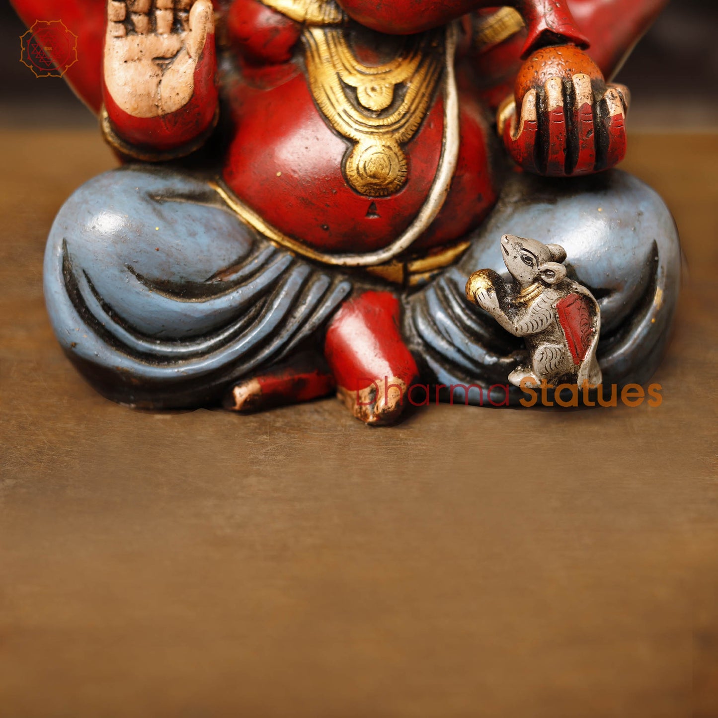 Brass Ganesha Idol, seated, Hand Painted, 12"