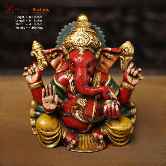 Brass Ganesh Seated, Hand painted vibrant red and yellow colors, 8.5" Front View