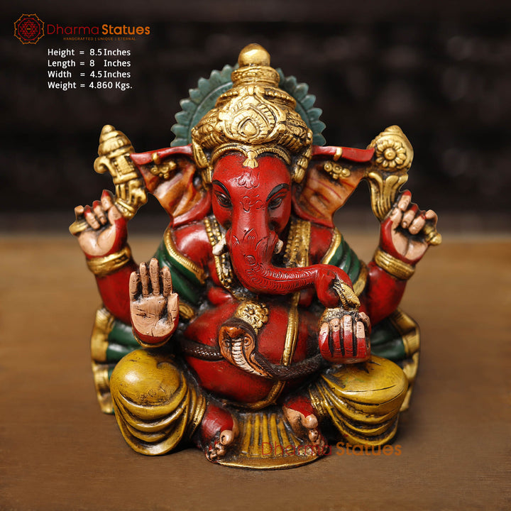 Brass Ganesh Seated W/0 Base 8.5" (Hand painted)