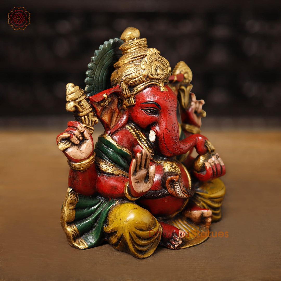 Brass Ganesh Seated W/0 Base 8.5" (Hand painted)