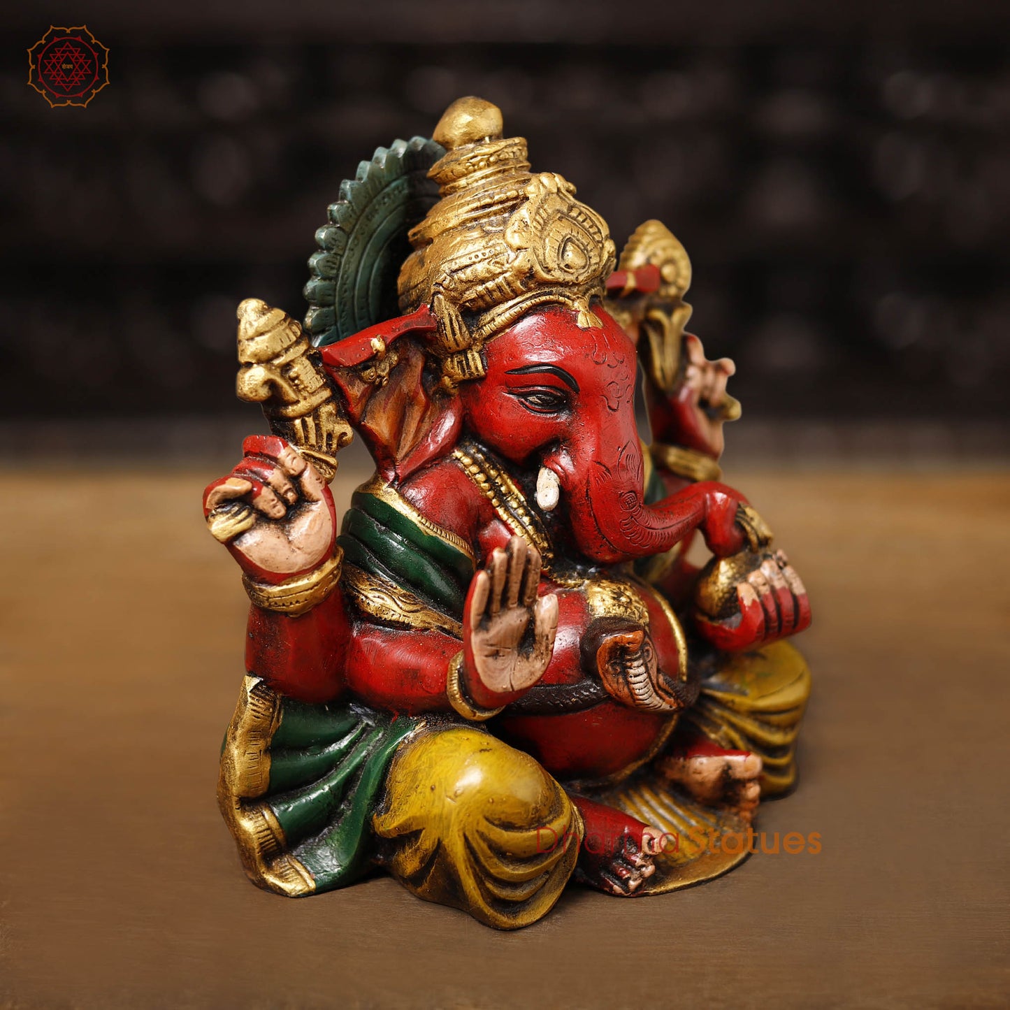 Brass Ganesh Seated, Hand painted vibrant red and yellow colors, 8.5"