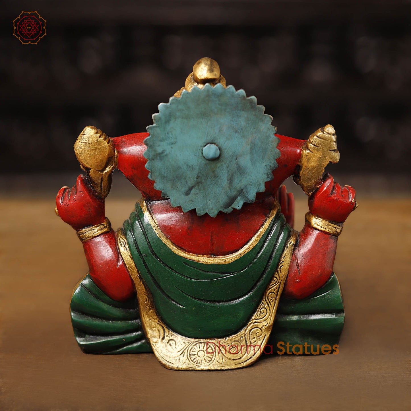Brass Ganesh Seated, Hand painted vibrant red and yellow colors, 8.5"