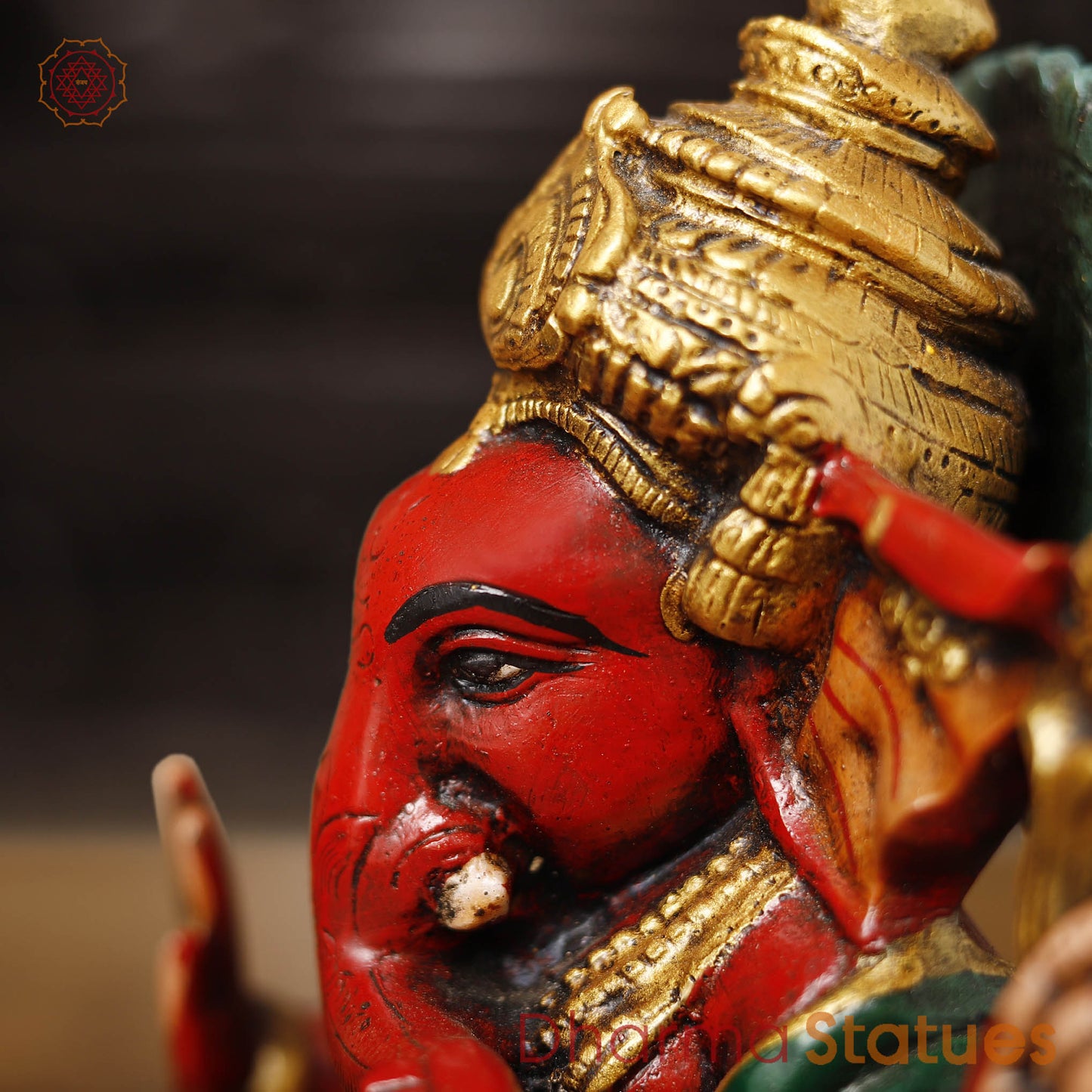 Brass Ganesh Seated, Hand painted vibrant red and yellow colors, 8.5"