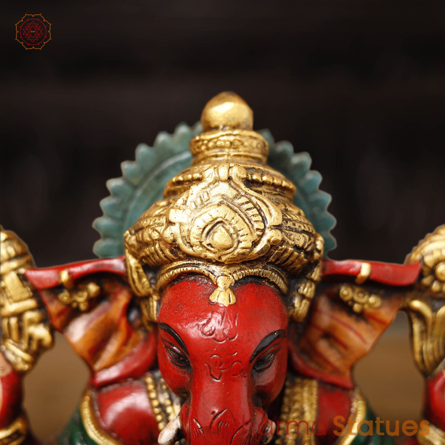 Brass Ganesh Seated, Hand painted vibrant red and yellow colors, 8.5"