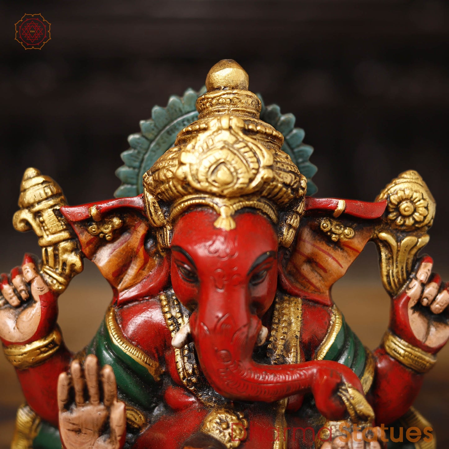 Brass Ganesh Seated, Hand painted vibrant red and yellow colors, 8.5"