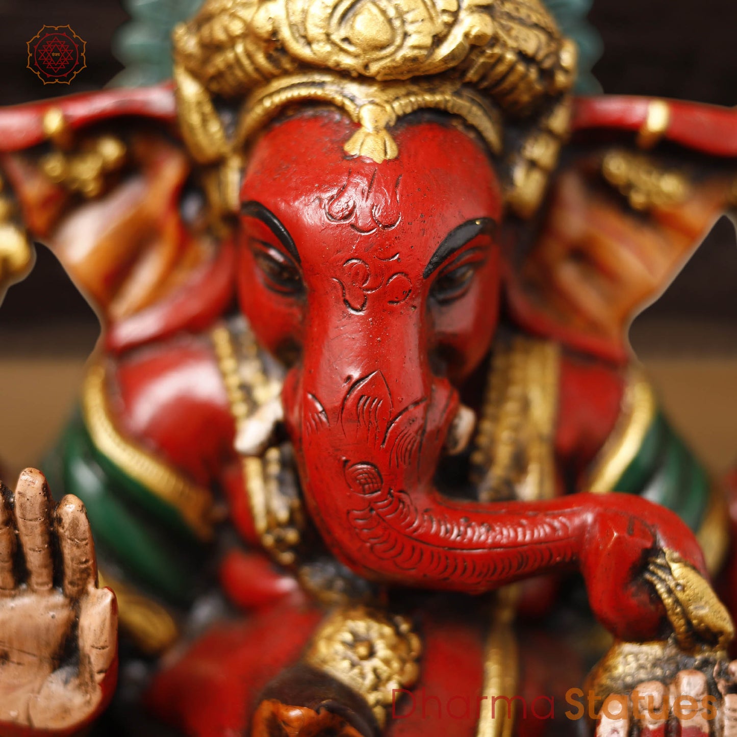 Brass Ganesh Seated, Hand painted vibrant red and yellow colors, 8.5"