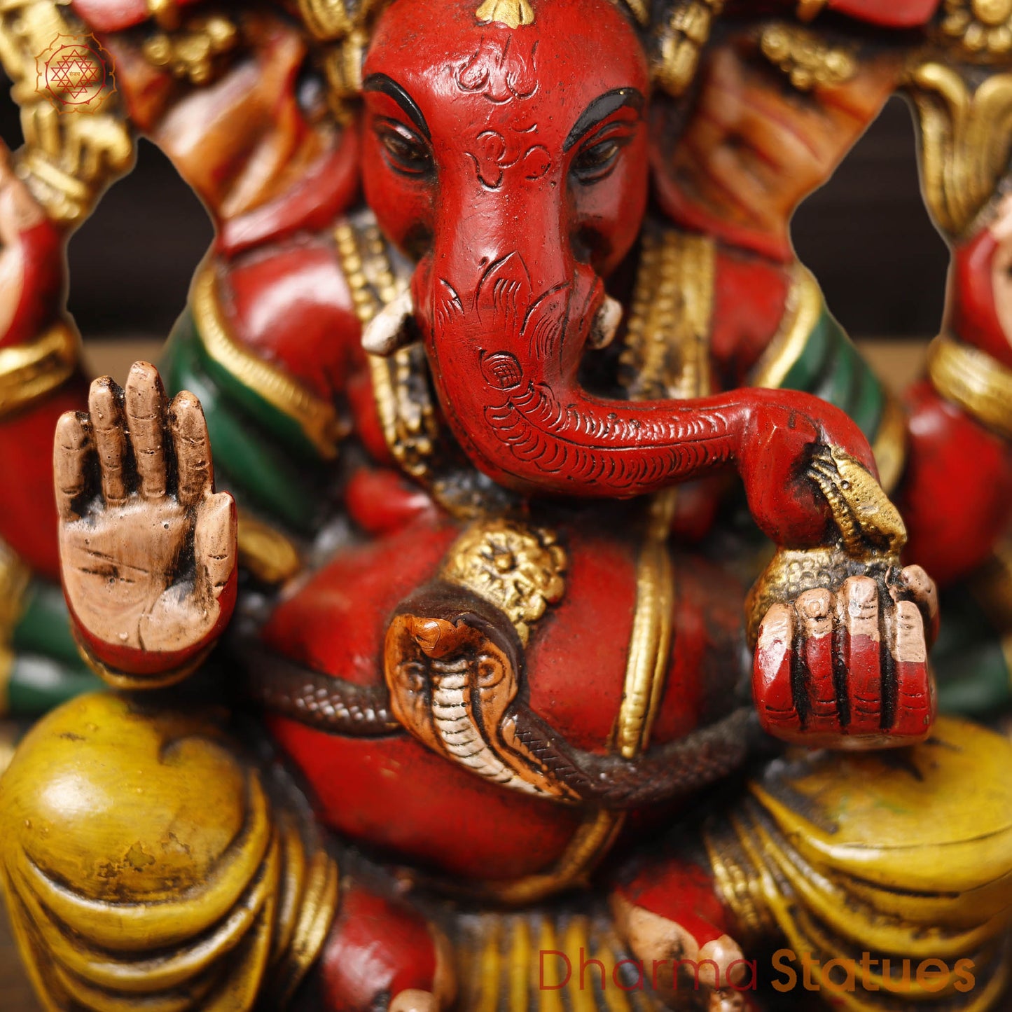 Brass Ganesh Seated, Hand painted vibrant red and yellow colors, 8.5"