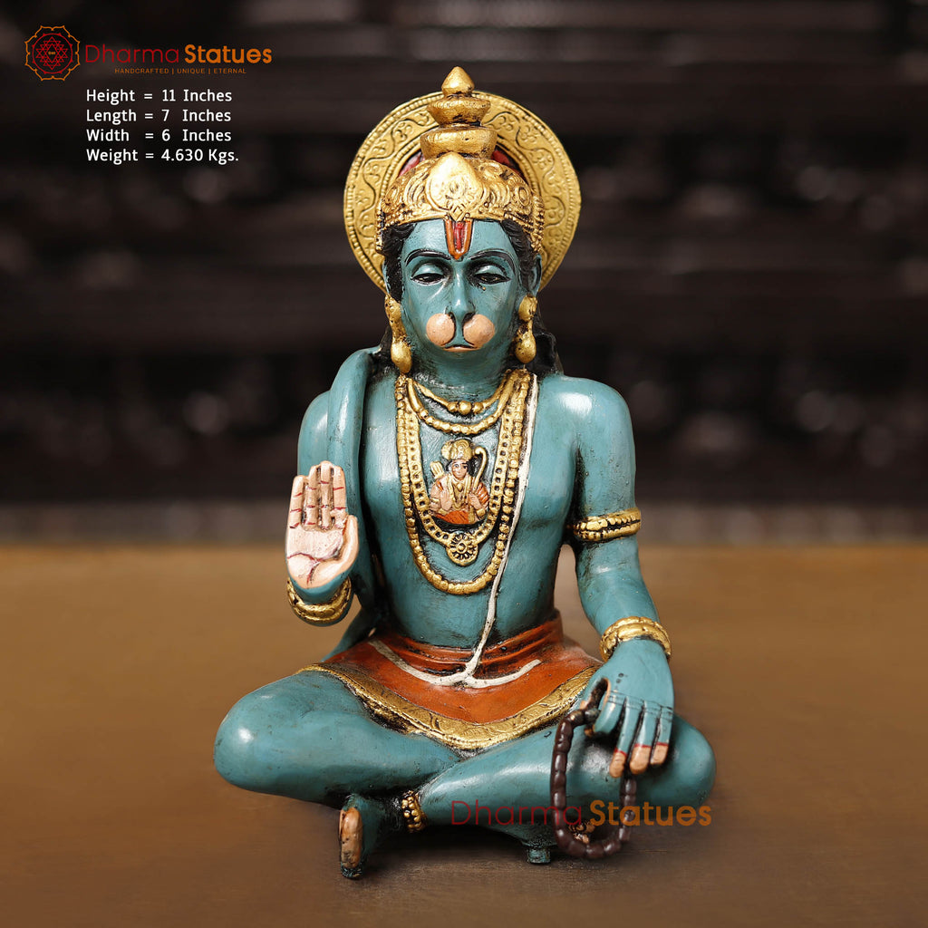 Brass Hanuman Ji, Blessing Position, Sitting on a Earth. 11" Front View