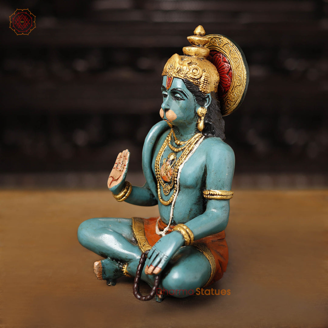 Brass Hanuman Ji, Blessing Position, Sitting on a Earth. 11"